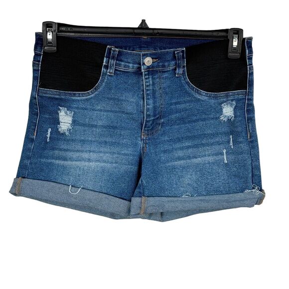 Time & Tru Large (12-14) Maternity Jean Shorts Side Panels Whisker Stretch Cuff - Picture 1 of 7